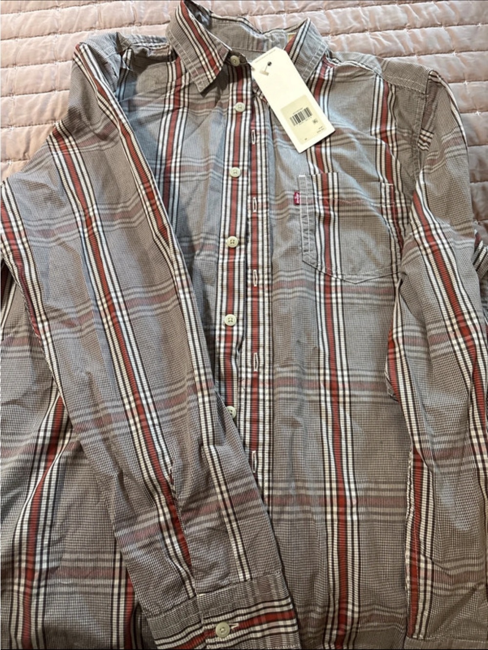 Levi's Men's Red, Gray and White Plaid Button-Down Shirt